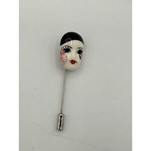 Brooch Handpainted Mask Harlequin Face Stick Pin Hatpin Venetian Clown Signed